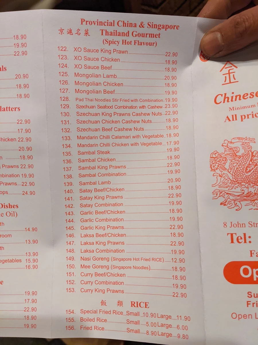 Menu, Golden Sea Dragon Chinese Restaurant