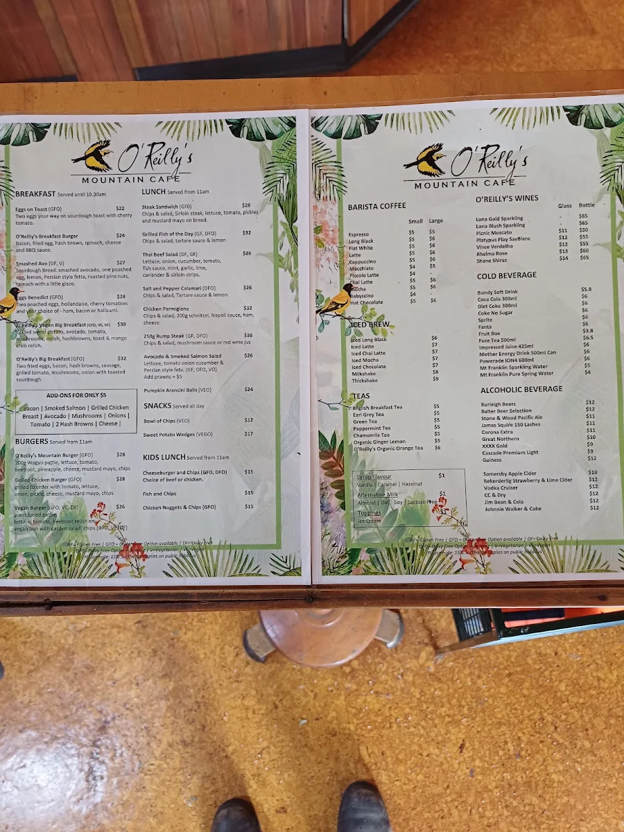 Menu, O'Reilly's Mountain Cafe and Gift Shop