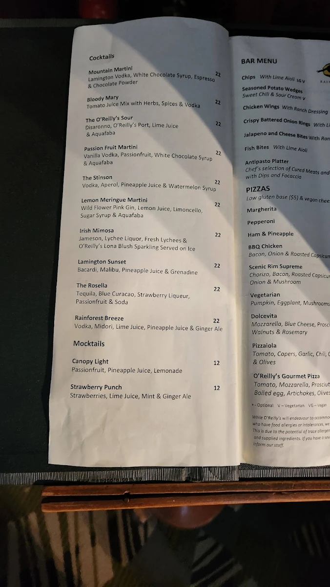 Menu, O'Reilly's Mountain Cafe and Gift Shop