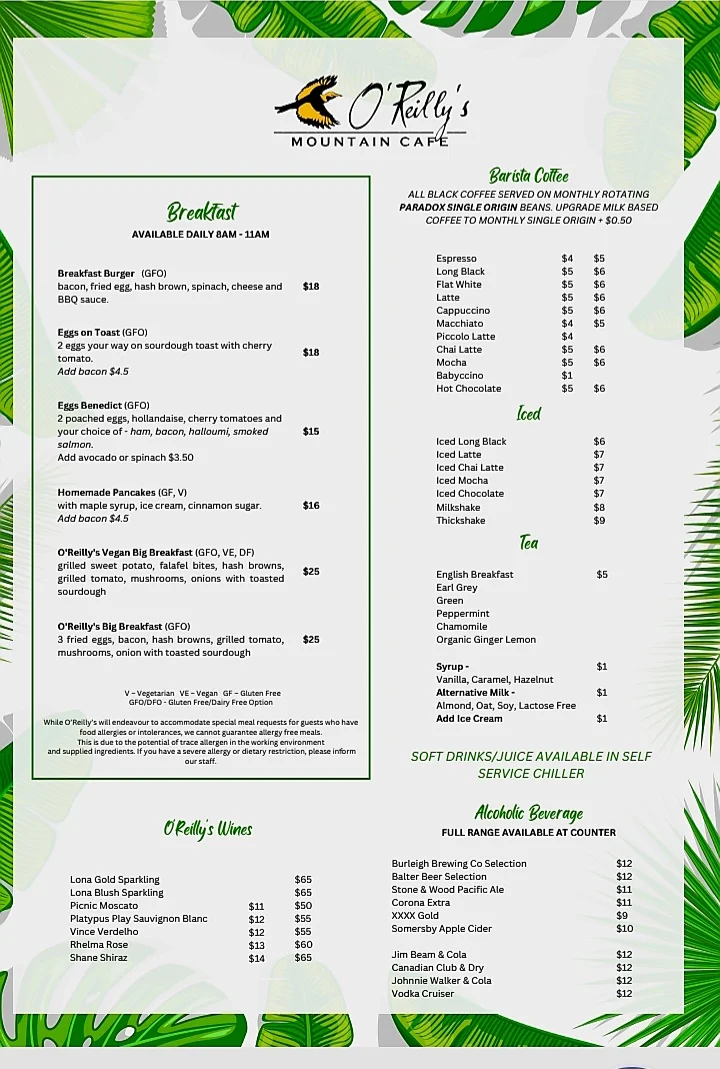 Menu, O'Reilly's Mountain Cafe and Gift Shop