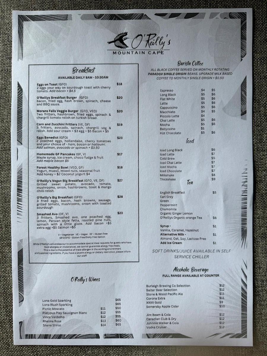 Menu, O'Reilly's Mountain Cafe and Gift Shop