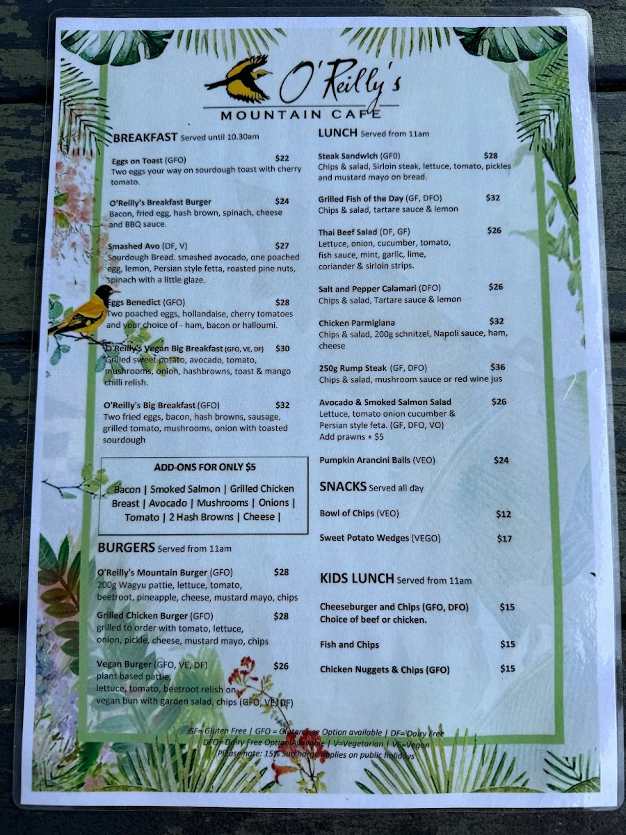 Menu, O'Reilly's Mountain Cafe and Gift Shop