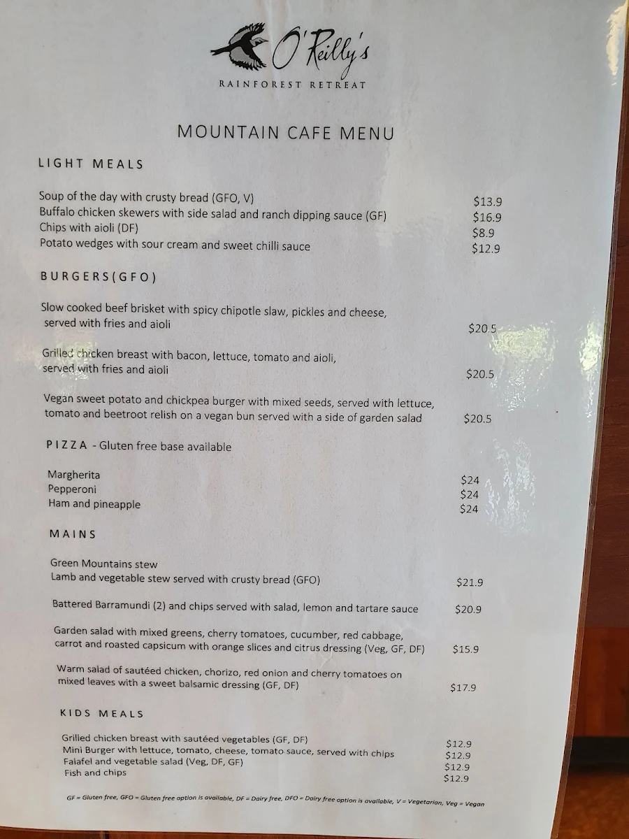 Menu, O'Reilly's Mountain Cafe and Gift Shop