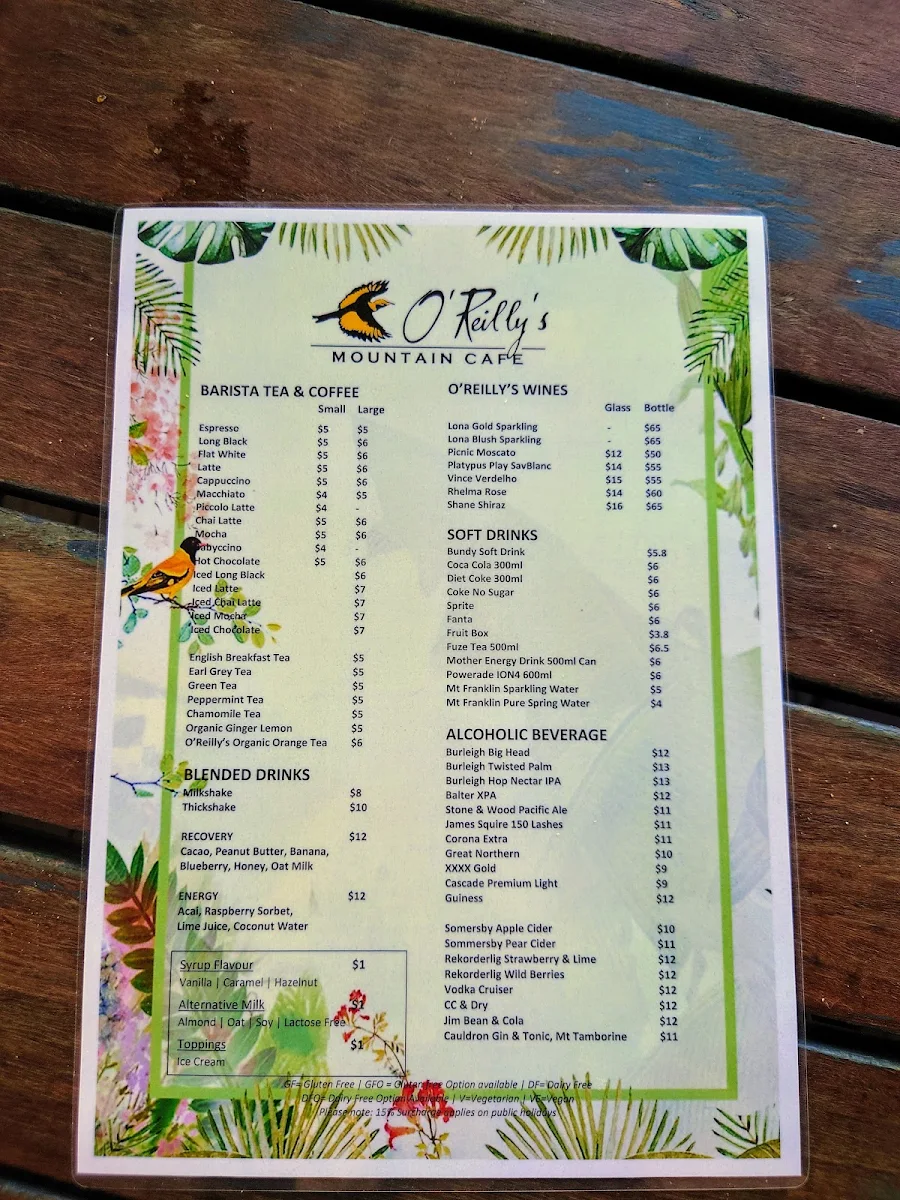 Menu, O'Reilly's Mountain Cafe and Gift Shop