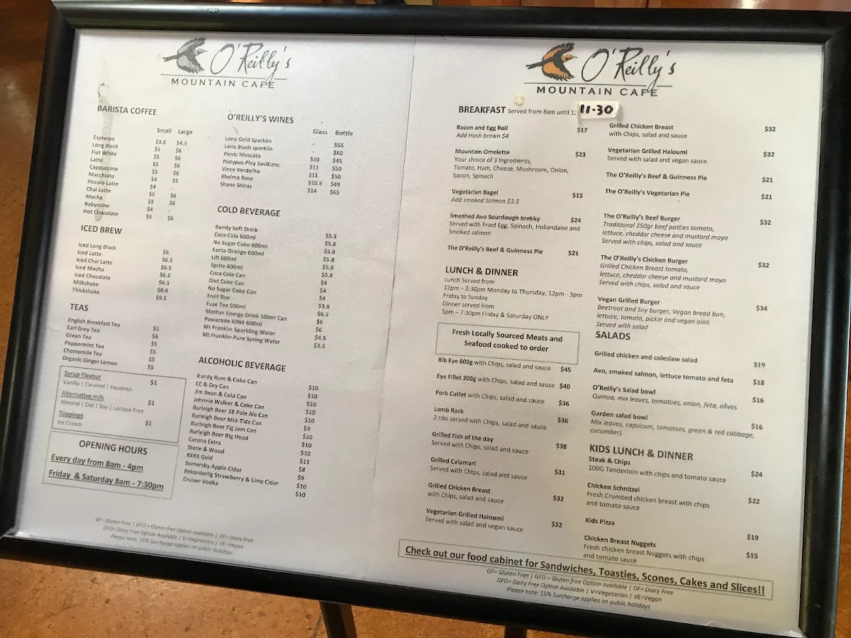 Menu, O'Reilly's Mountain Cafe and Gift Shop