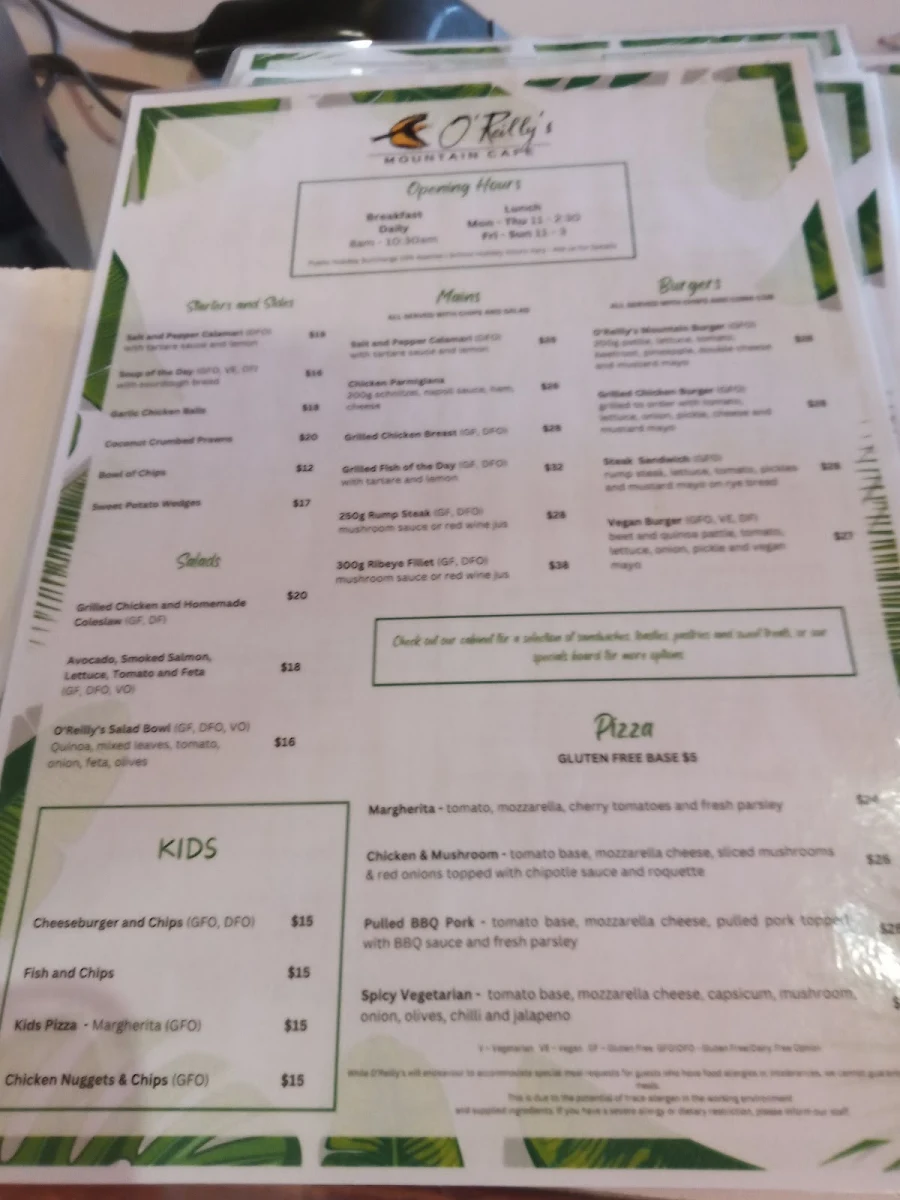 Menu, O'Reilly's Mountain Cafe and Gift Shop