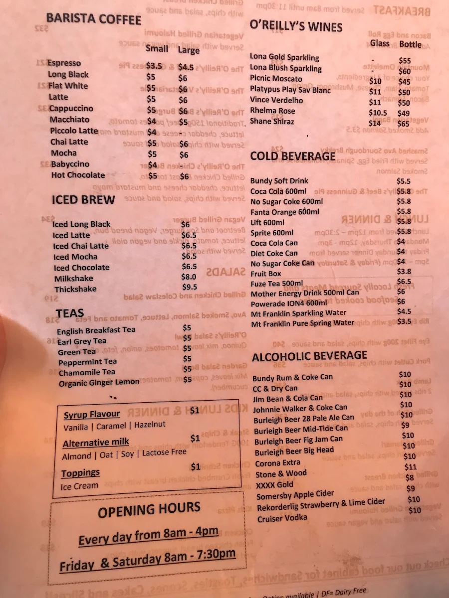 Menu, O'Reilly's Mountain Cafe and Gift Shop