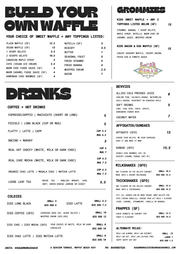 Menu, Sugar Mama's Shack