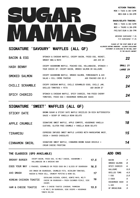 Menu, Sugar Mama's Shack