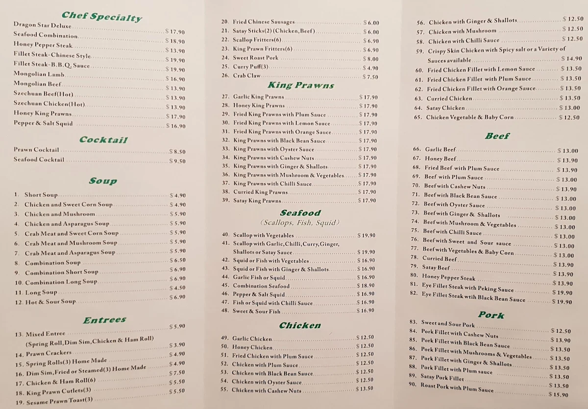 Menu, Dragon Star Chinese Restaurant