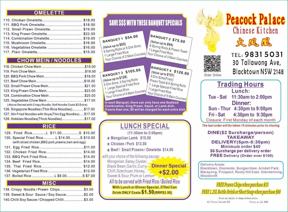 Menu, Peacock Palace Chinese Kitchen