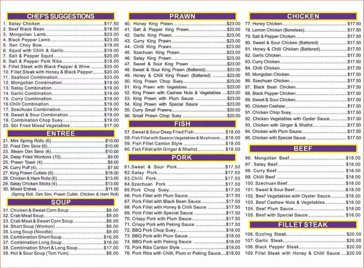 Menu, Peacock Palace Chinese Kitchen