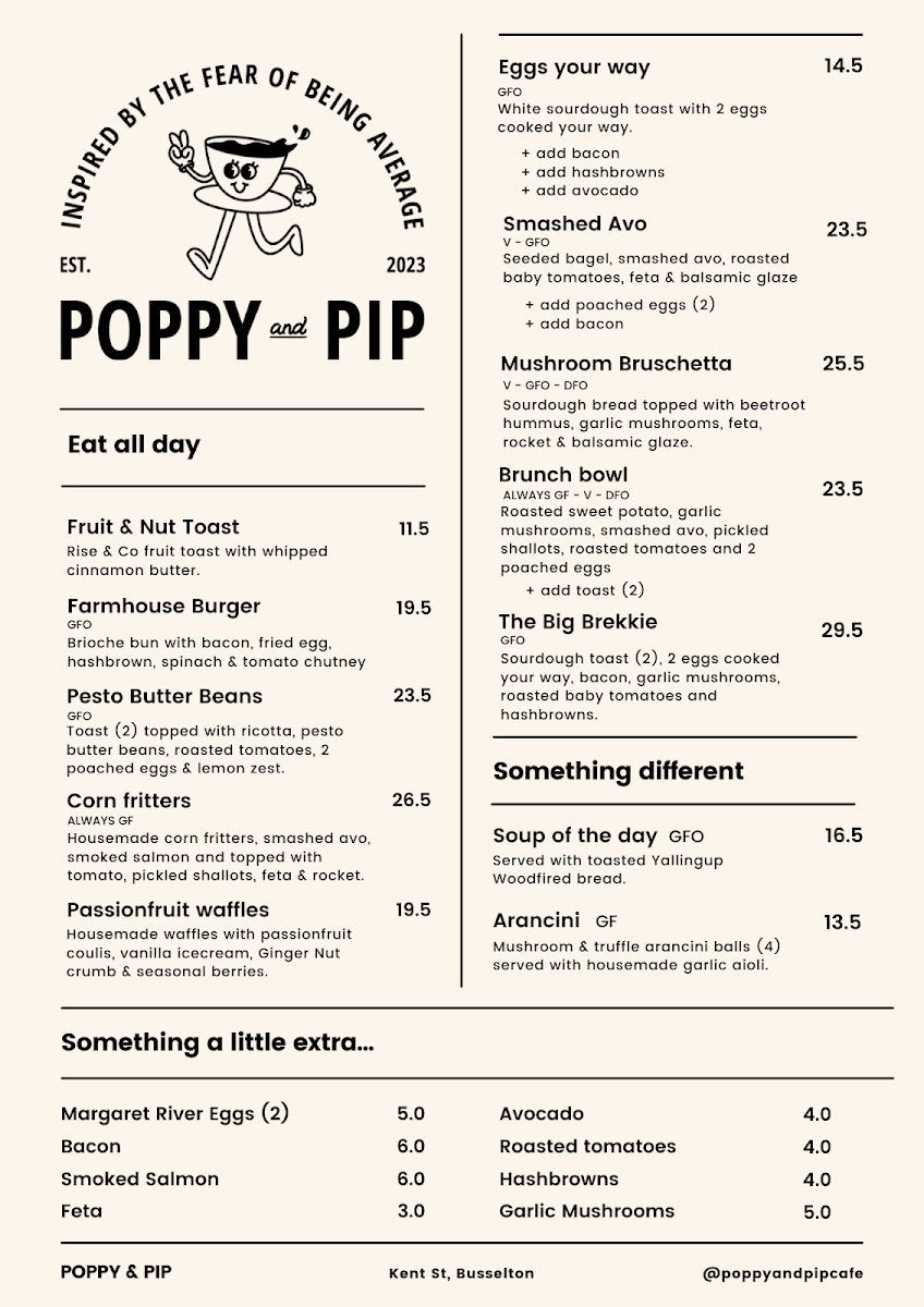 Menu, POPPY & PIP CAFE