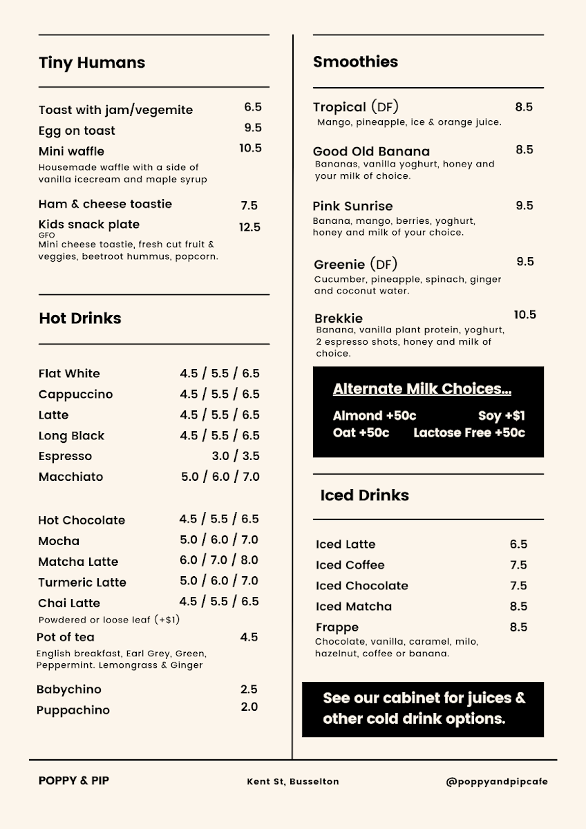 Menu, POPPY & PIP CAFE