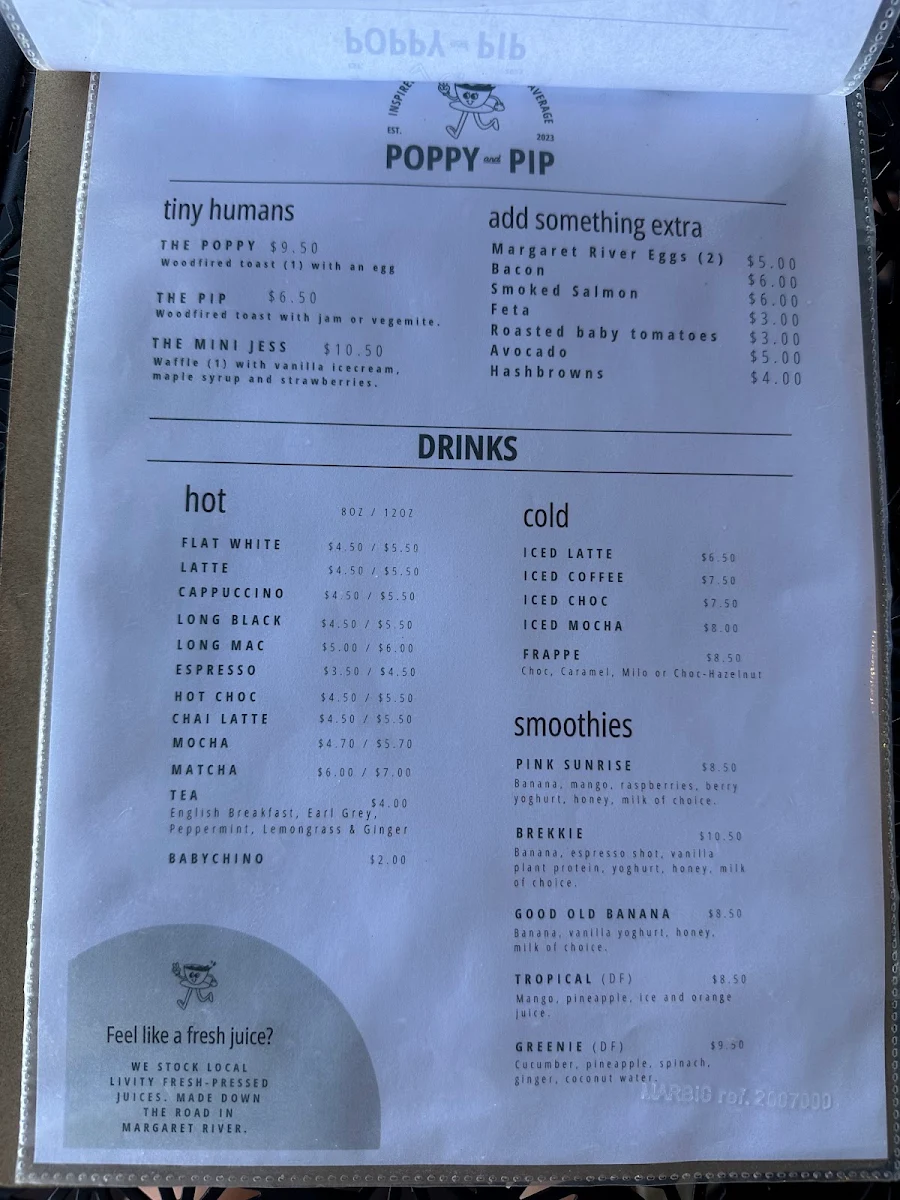 Menu, POPPY & PIP CAFE