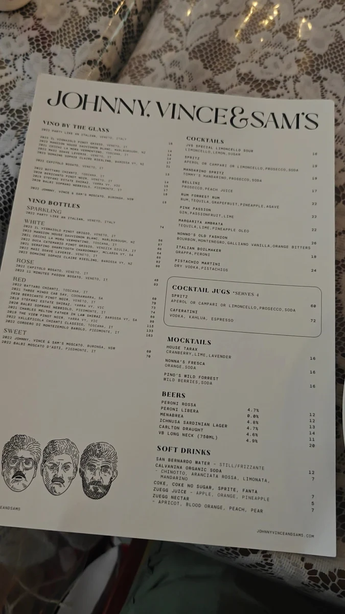 Menu, Johnny, Vince and Sam’s Ristorante
