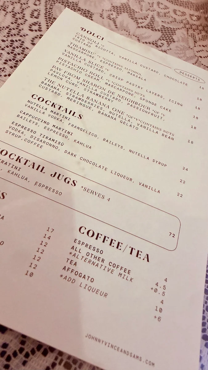 Menu, Johnny, Vince and Sam’s Ristorante