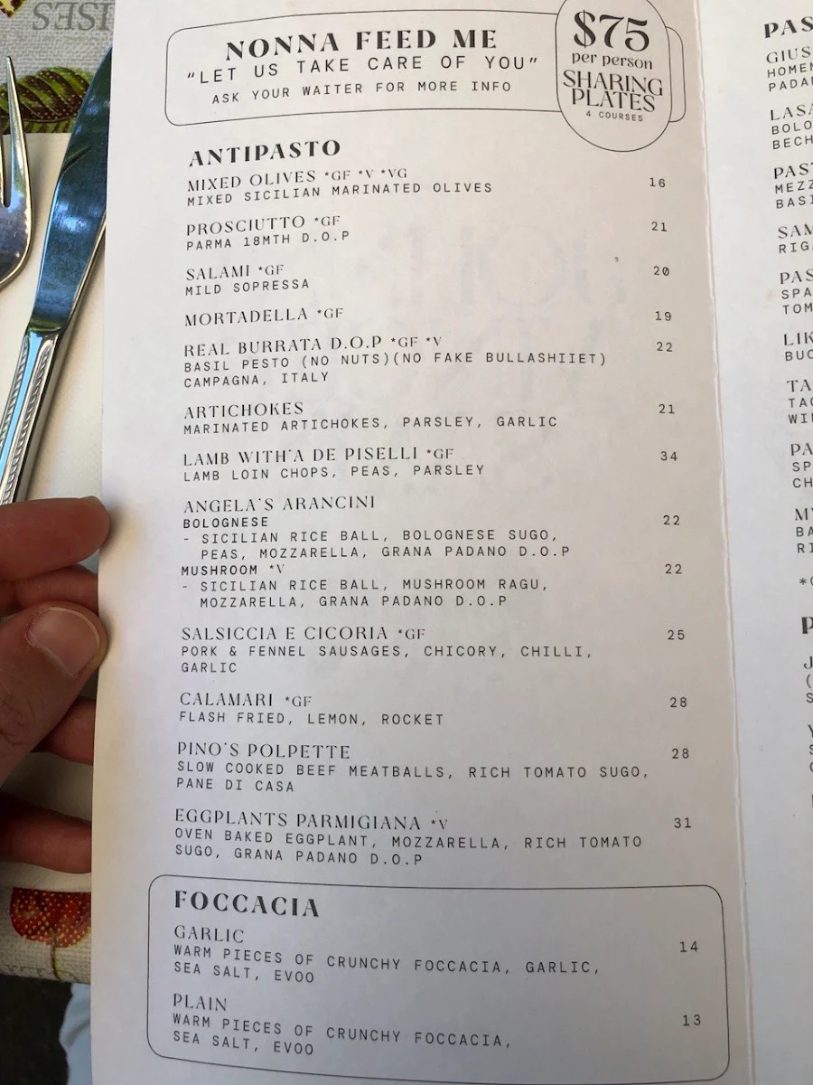 Menu, Johnny, Vince and Sam’s Ristorante