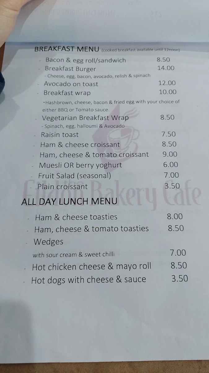 Menu, Eildon Bakery Cafe