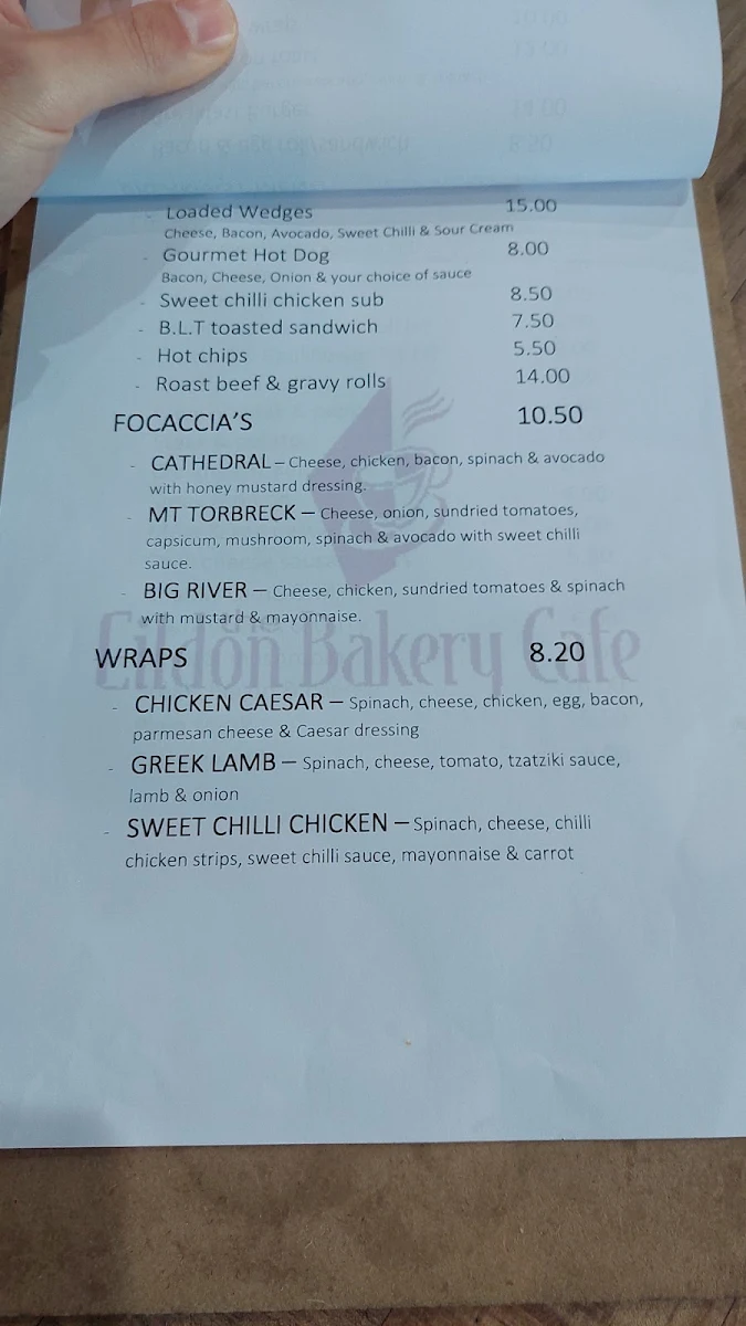Menu, Eildon Bakery Cafe