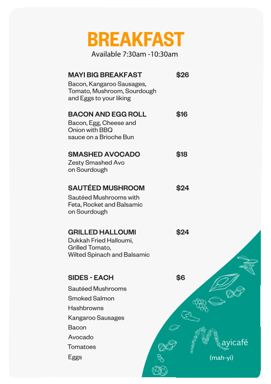 Menu, Mayi Café and Restaurant