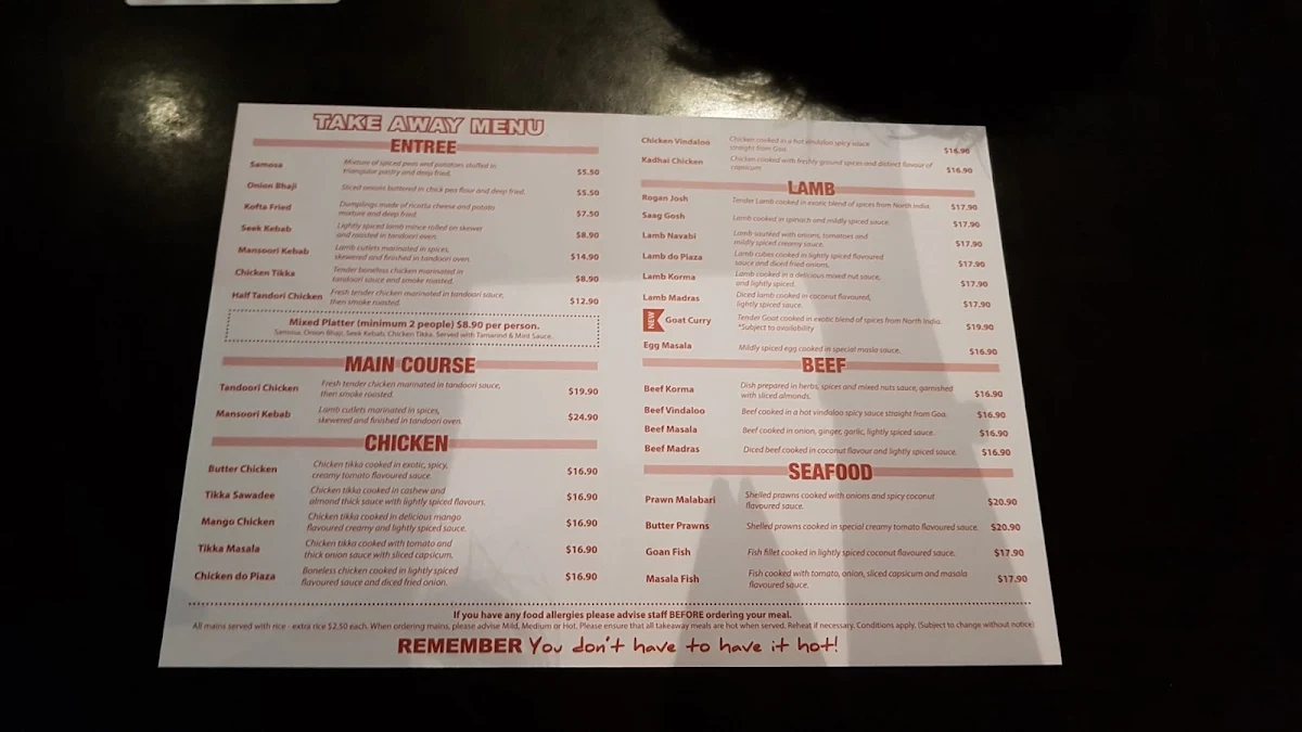 Menu, Masala Indian Cuisine Cannon Park