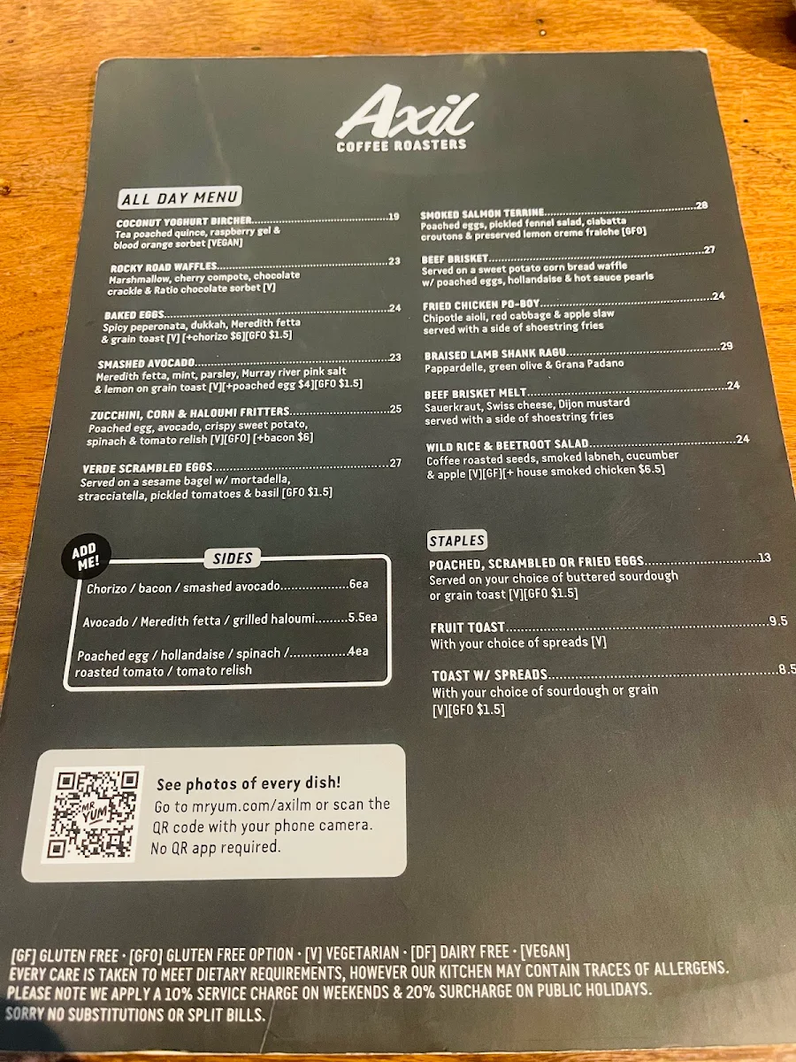 Menu, Axil Coffee Roasters Glenferrie