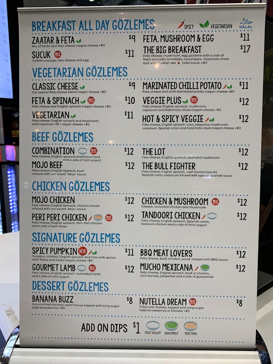 Menu, Gozleme & Grill