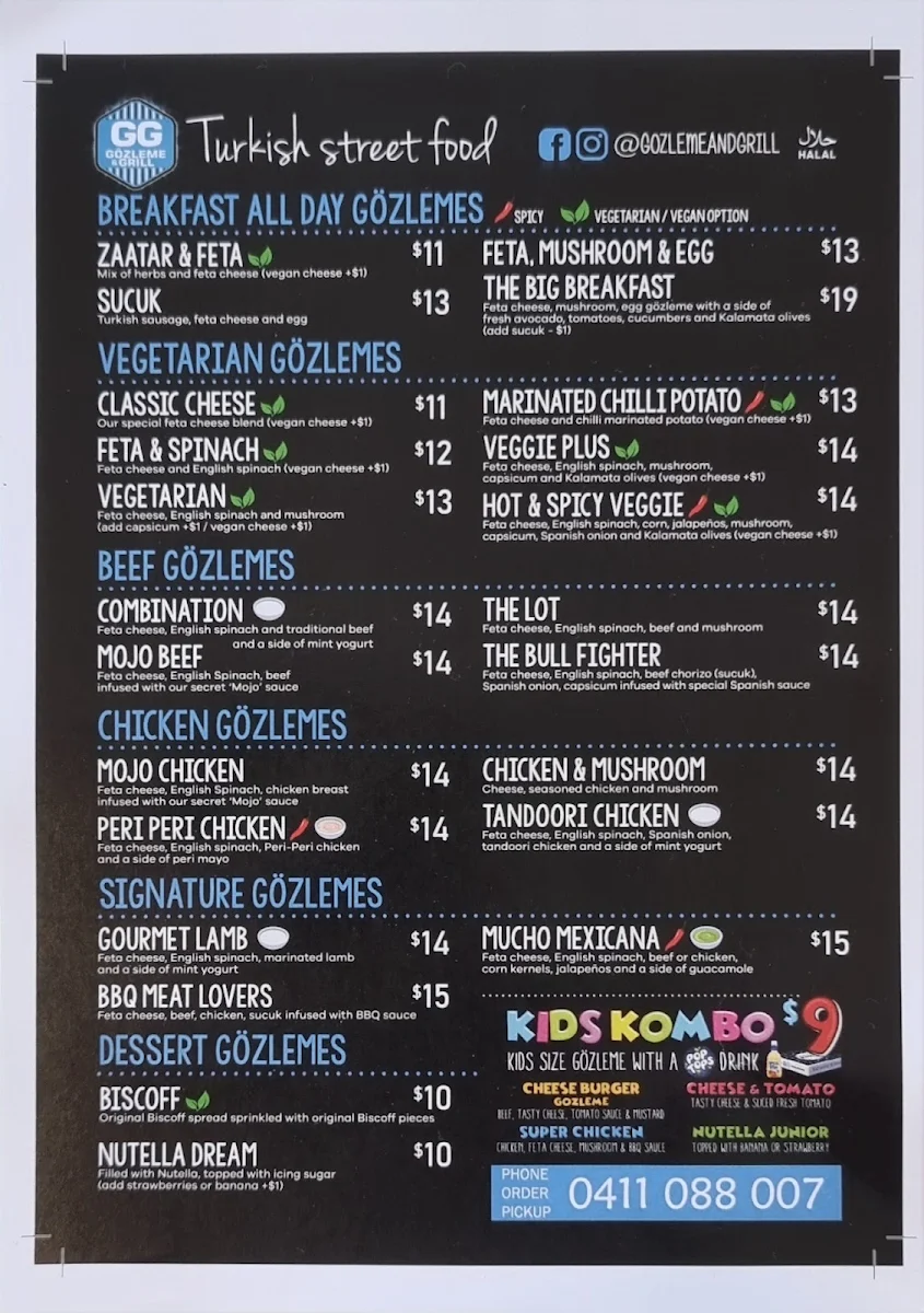 Menu, Gozleme & Grill