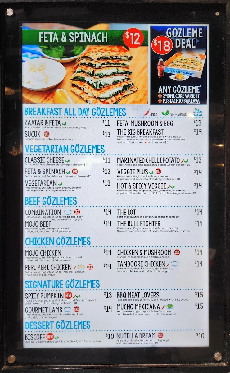 Menu, Gozleme & Grill