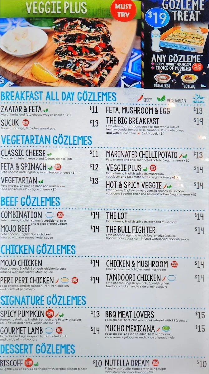 Menu, Gozleme & Grill