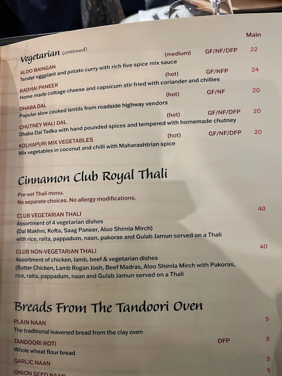 Menu, Cinnamon Club Indian Cuisine Norwood Adelaide