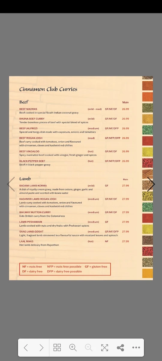 Menu, Cinnamon Club Indian Cuisine Norwood Adelaide