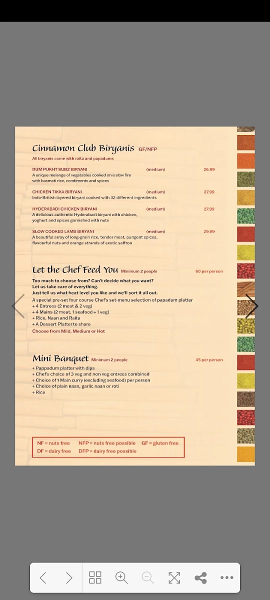 Menu, Cinnamon Club Indian Cuisine Norwood Adelaide