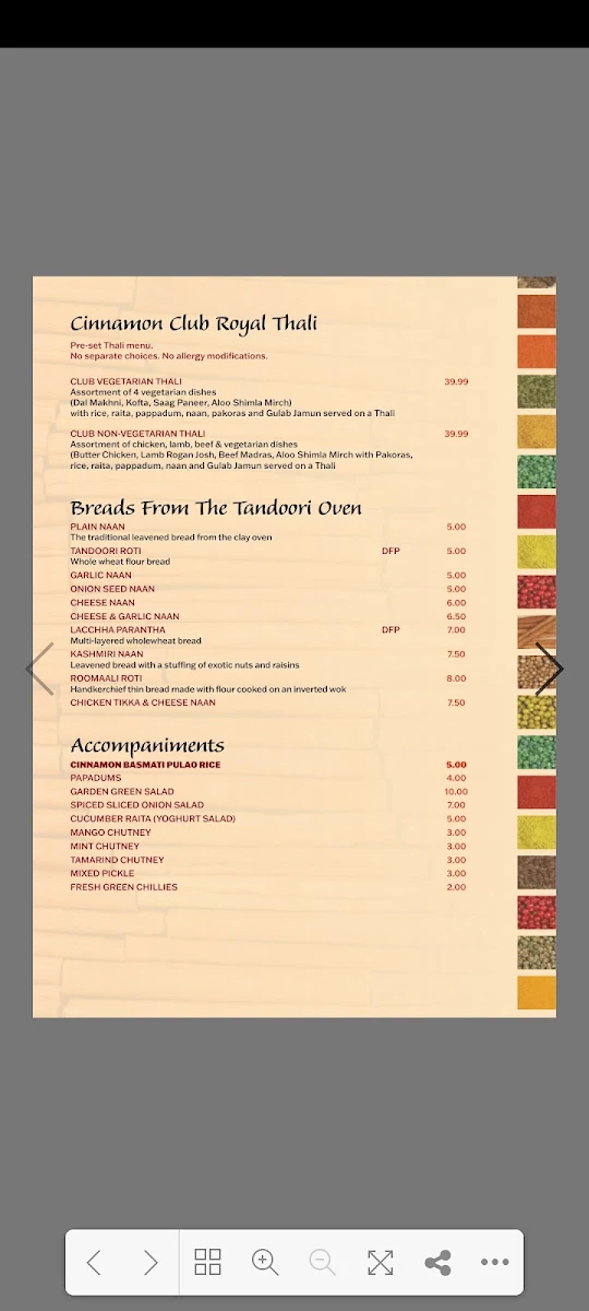 Menu, Cinnamon Club Indian Cuisine Norwood Adelaide