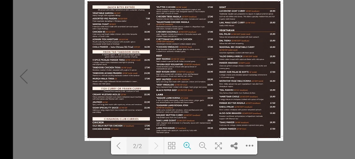 Menu, Cinnamon Club Indian Cuisine Norwood Adelaide