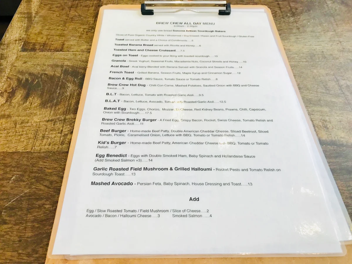 Menu, Brew Crew Specialty Coffee