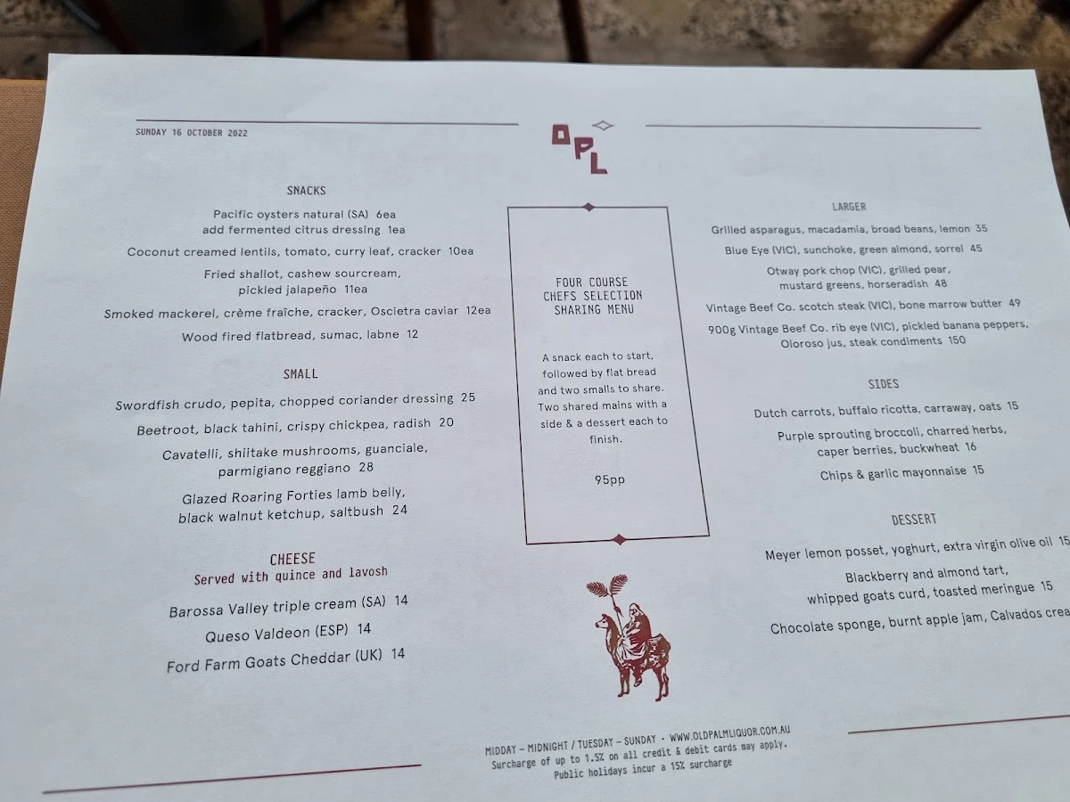 Menu, Old Palm Liquor