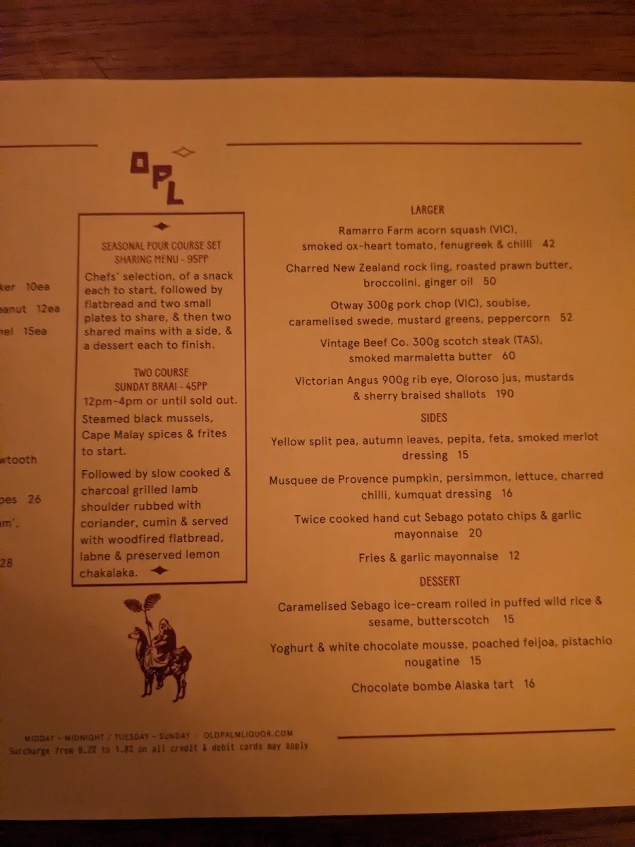 Menu, Old Palm Liquor