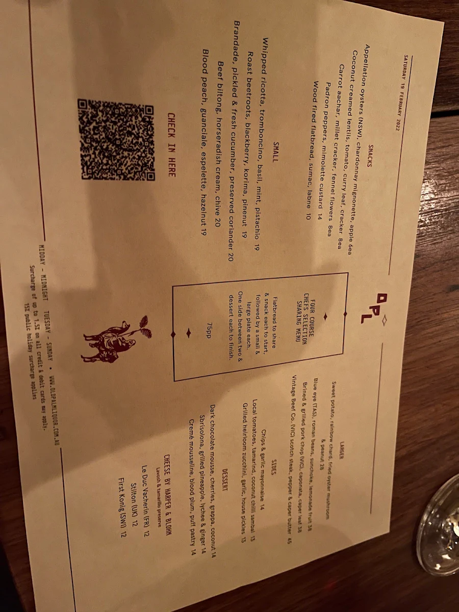 Menu, Old Palm Liquor