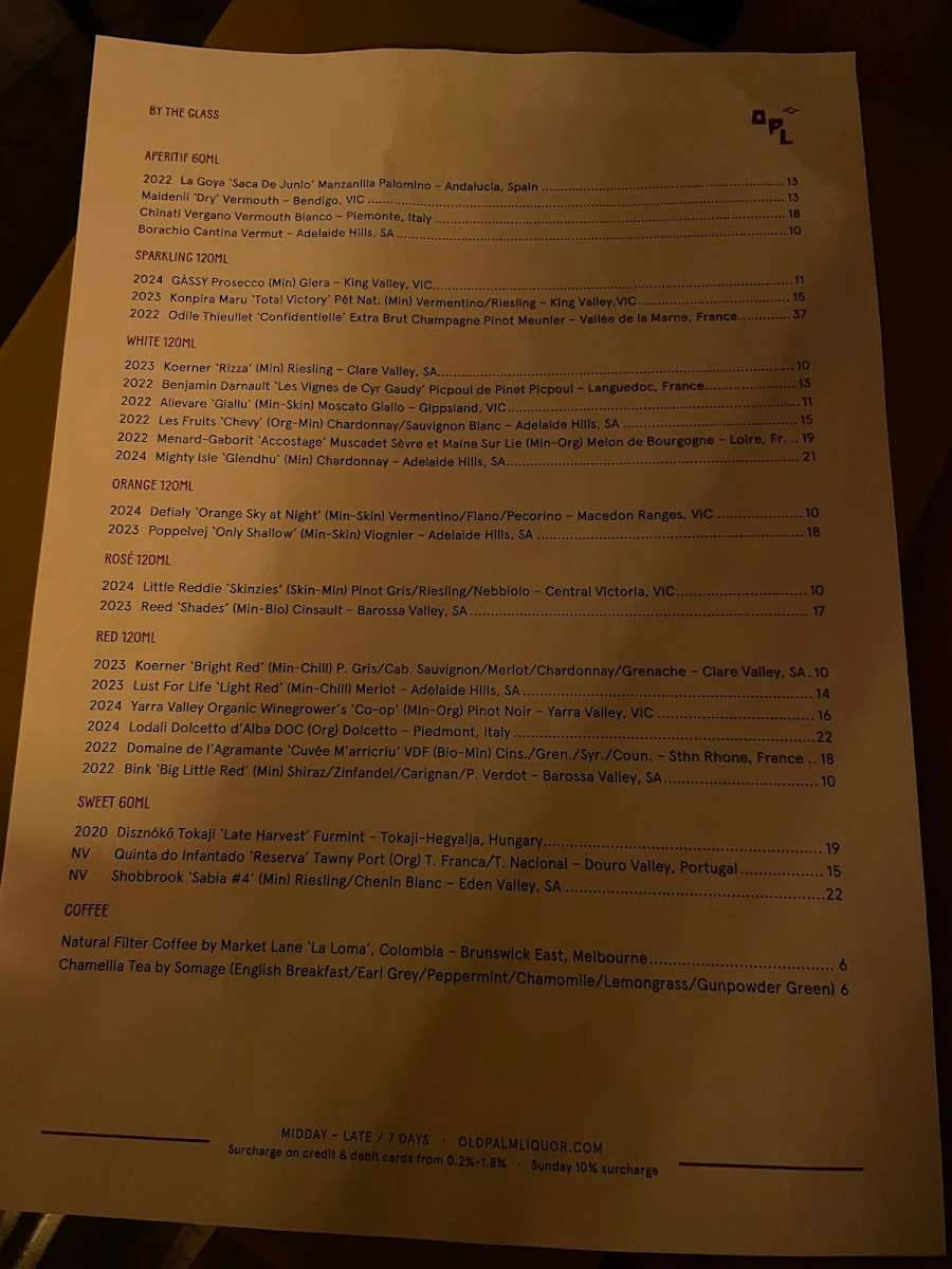 Menu, Old Palm Liquor