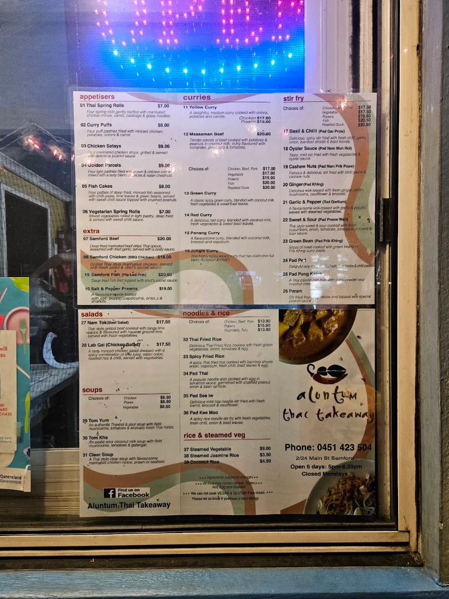 Menu, Aluntum Thai Take Away