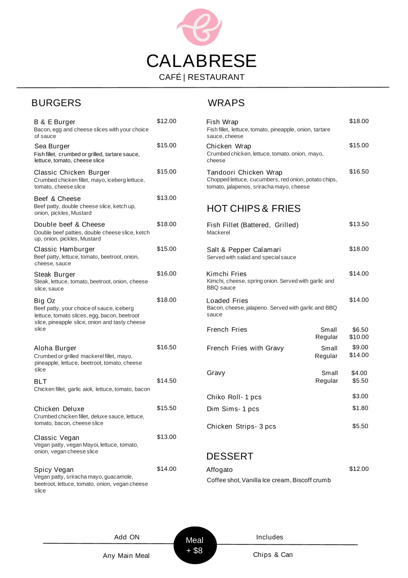Menu, Calabrese Cafe