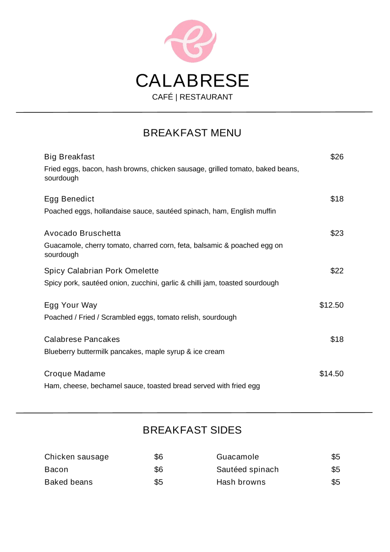 Menu, Calabrese Cafe