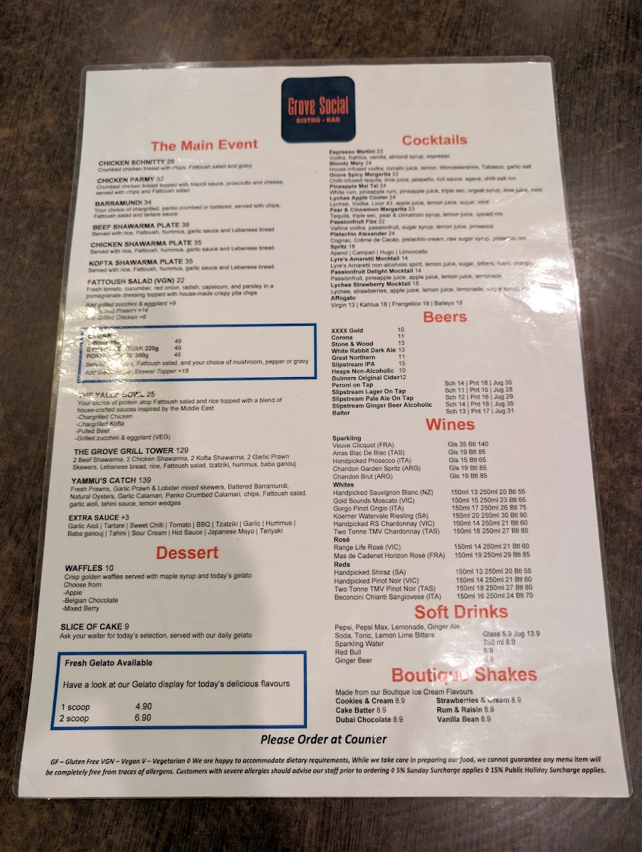 Menu, Grove Social