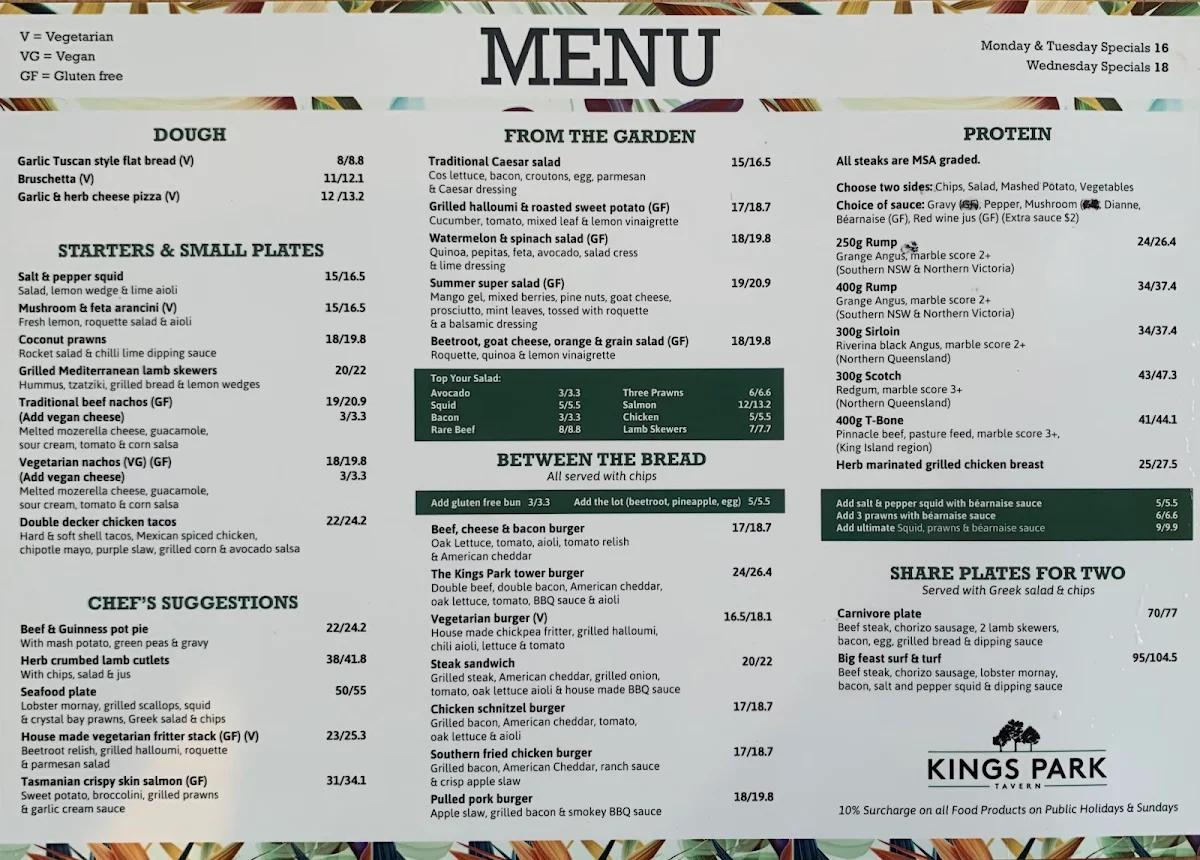 Menu, Kings Park Tavern