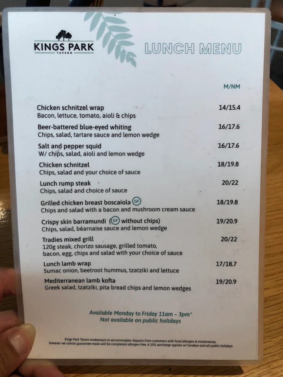 Menu, Kings Park Tavern