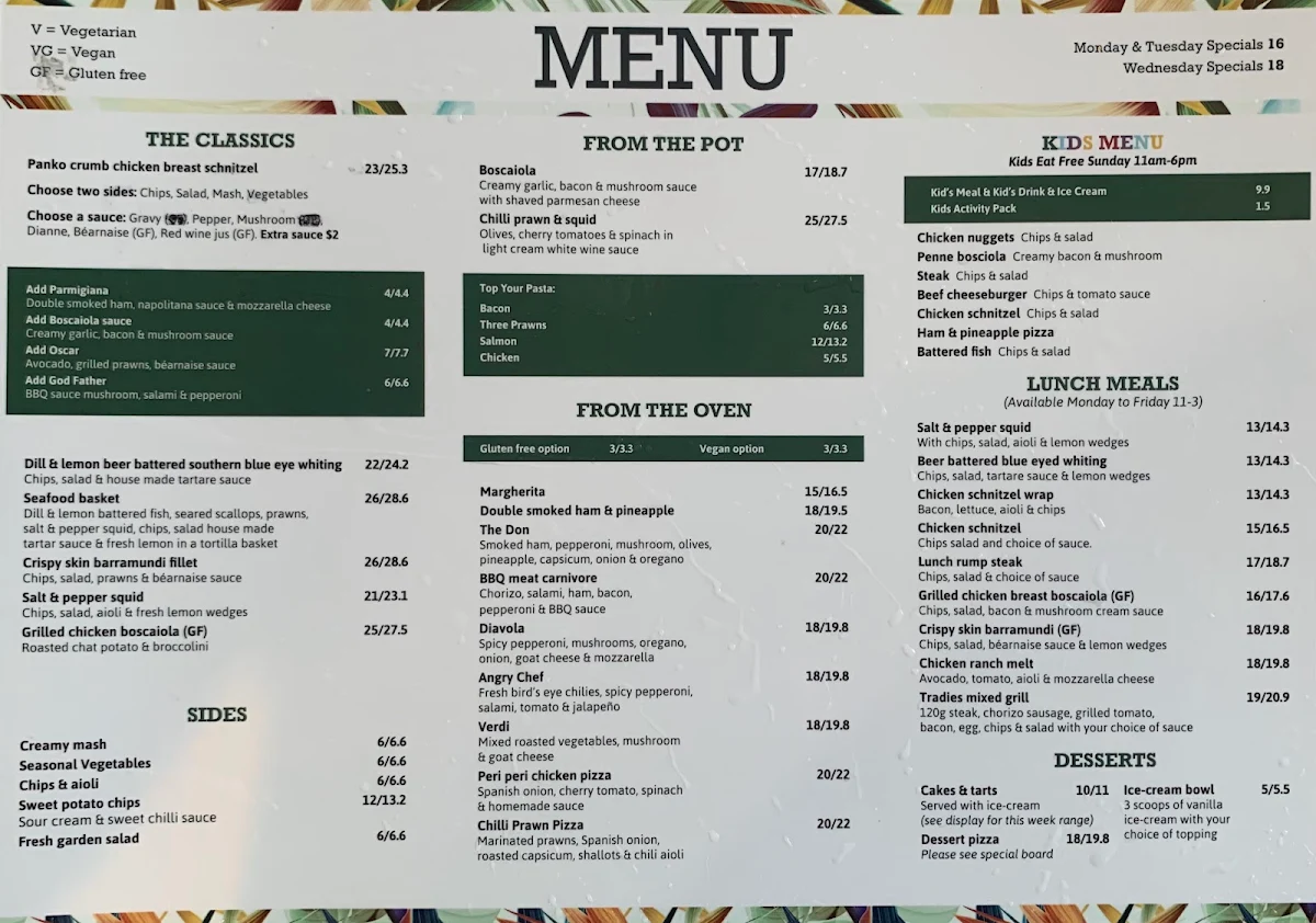 Menu, Kings Park Tavern