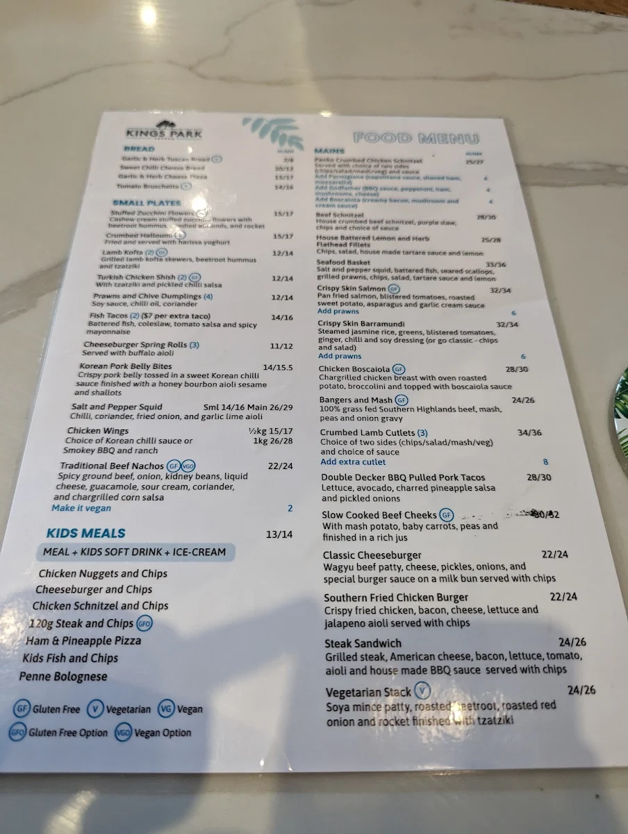 Menu, Kings Park Tavern