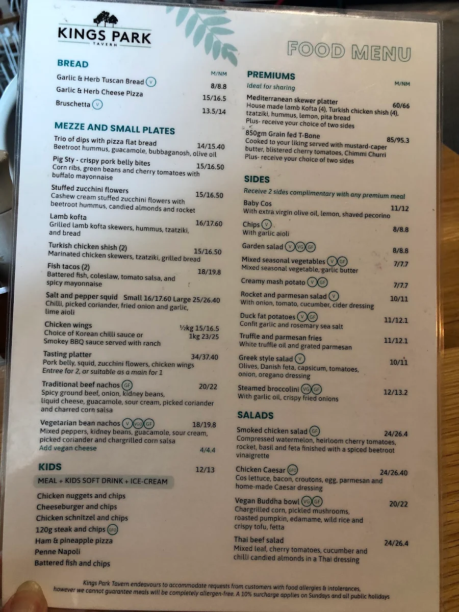 Menu, Kings Park Tavern
